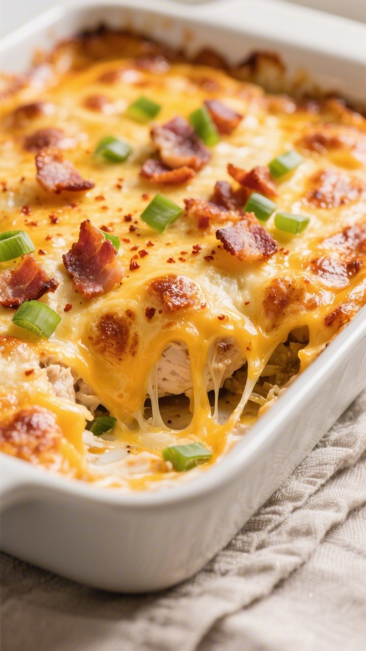 Close-up detail: Golden, bubbly Keto Chicken Bacon Cheddar Bake just out of the oven, cheese melted 