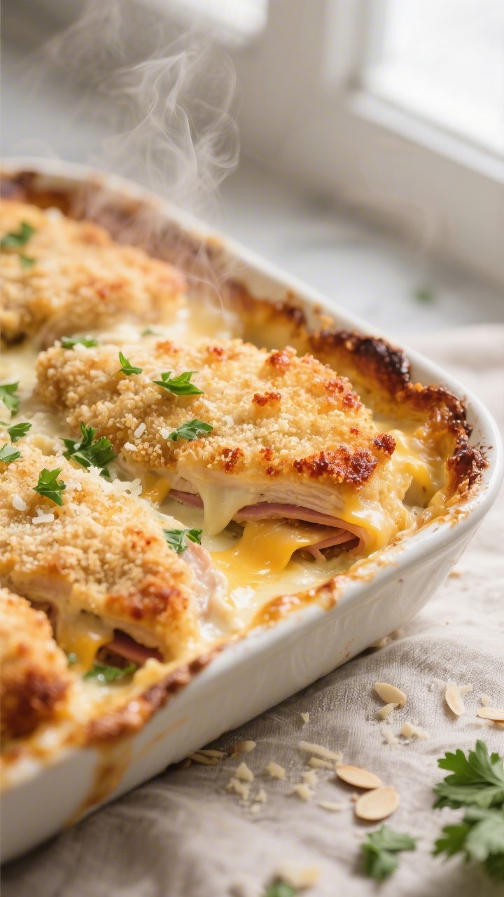 Close-up detail: Golden, bubbly Keto Chicken Cordon Bleu Casserole just out of the oven, focusing on