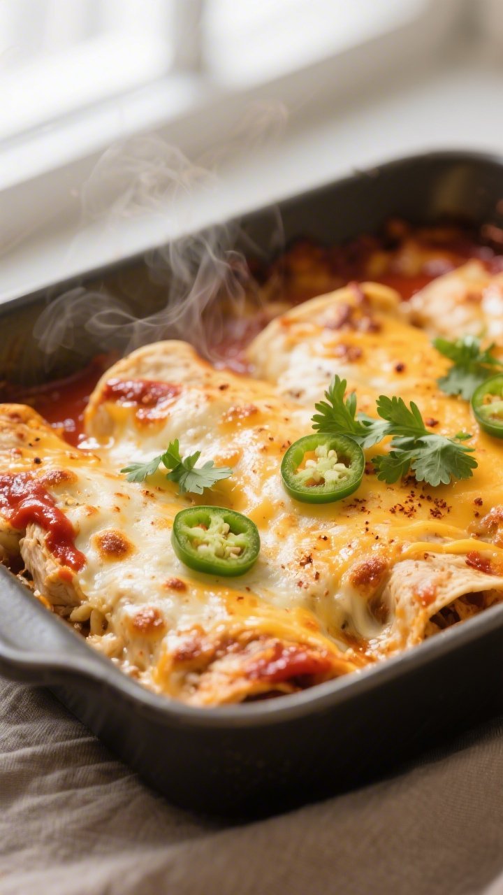 Close-up detail: Golden, bubbly Keto Chicken Enchilada Bake just out of the oven, cheese melted with