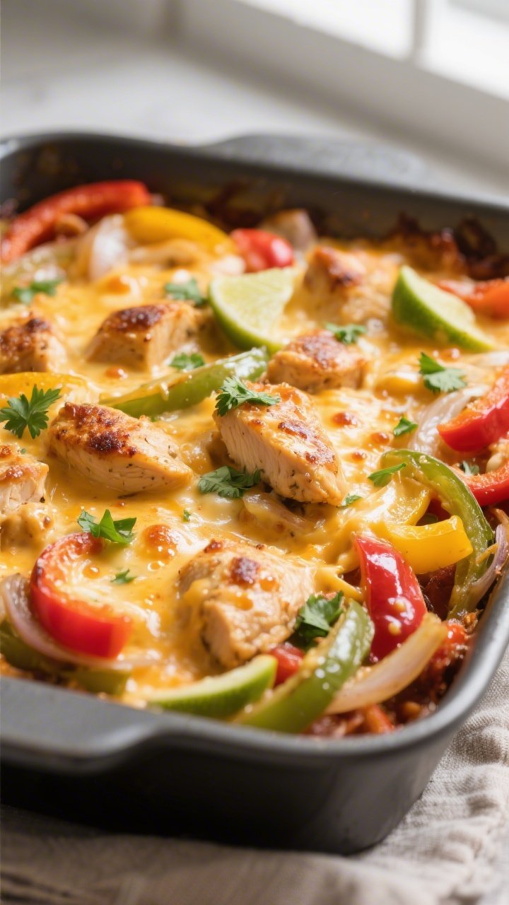 Close-up detail: Golden-bubbly keto chicken fajita casserole just out of the oven, with melted Monte