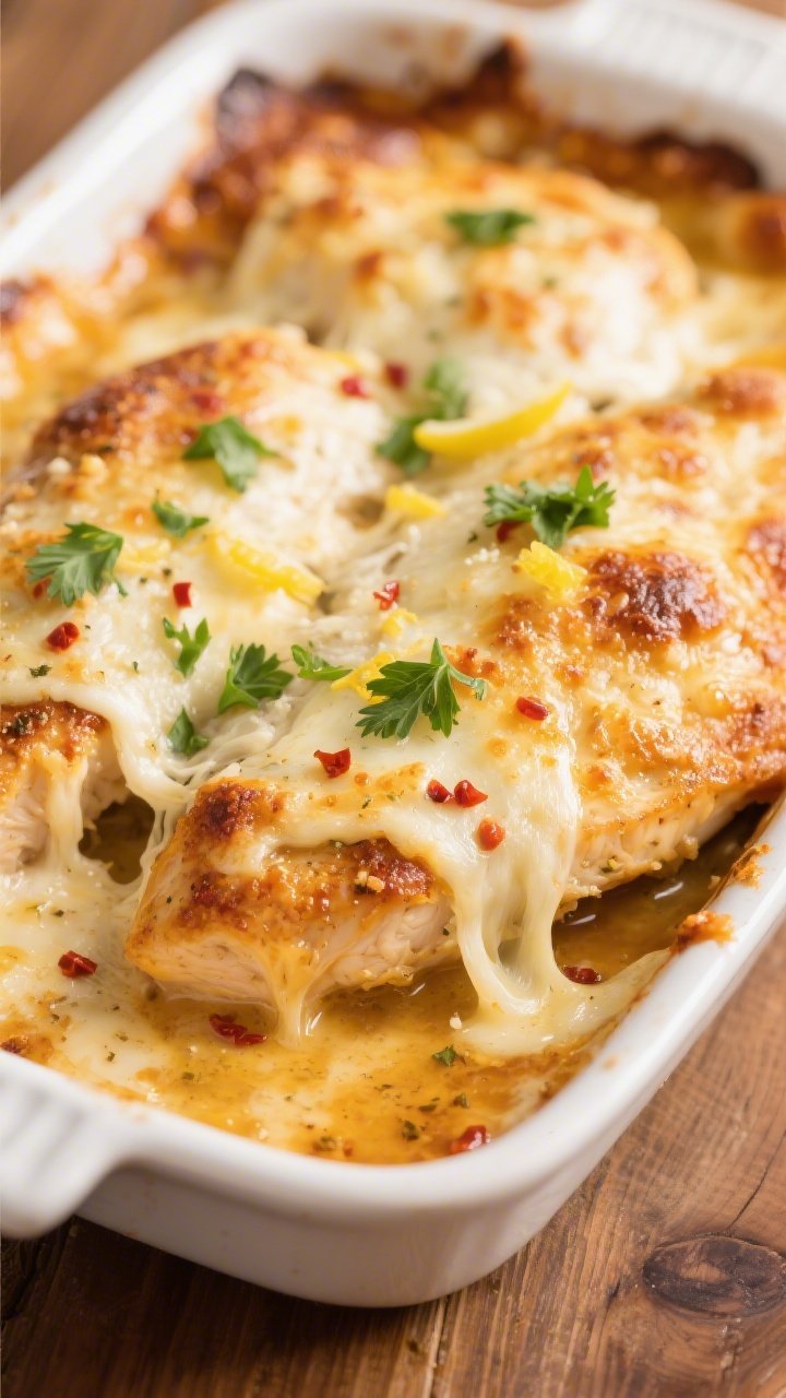 Close-up detail: Golden-bubbly Keto Chicken Garlic Parmesan Bake just out of the oven, mozzarella me