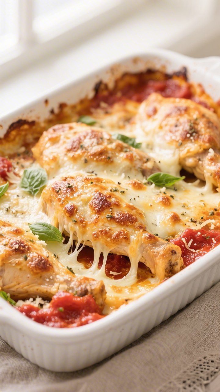 Close-up detail: Golden-bubbly Keto Chicken Italian Bake just pulled from the oven, mozzarella light