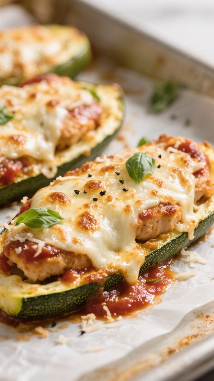 Close-up detail: Golden-bubbly Keto Chicken Parmesan Stuffed Zucchini just out of the oven, molten m