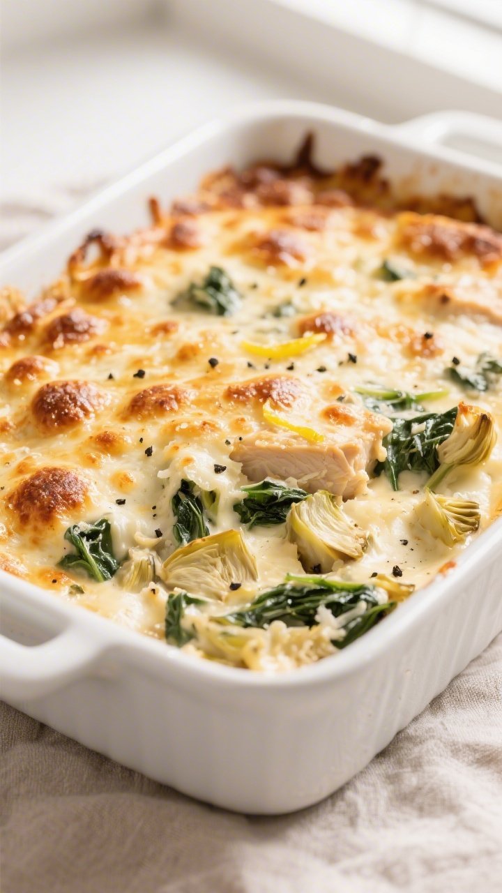 Close-up detail: Golden-bubbly Keto Chicken Spinach Artichoke Bake just out of the oven, highlightin