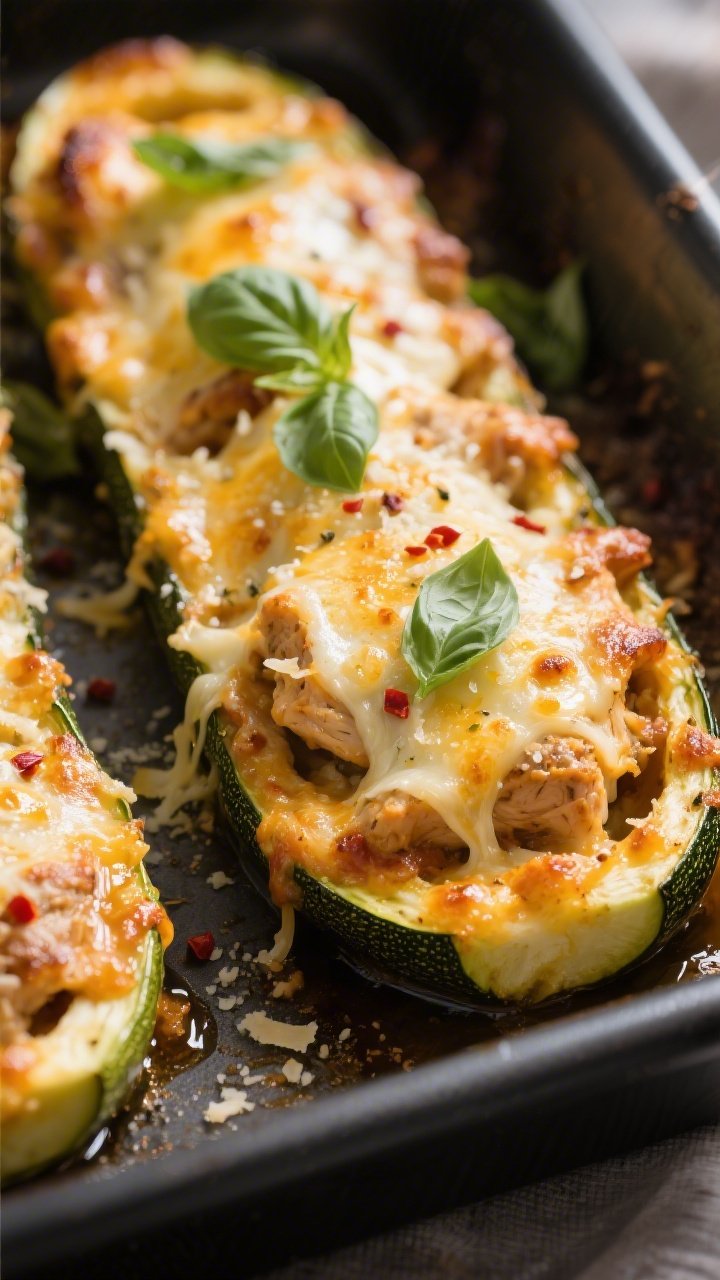 Close-up detail: Golden-bubbly Keto Parmesan Chicken Zucchini Boats just out of the oven, cheese bli