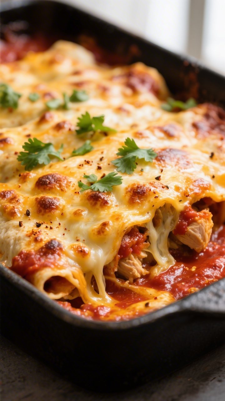 Close-up detail: Golden-bubbly Lazy Keto Chicken Enchilada just out of the oven, tight macro on the 