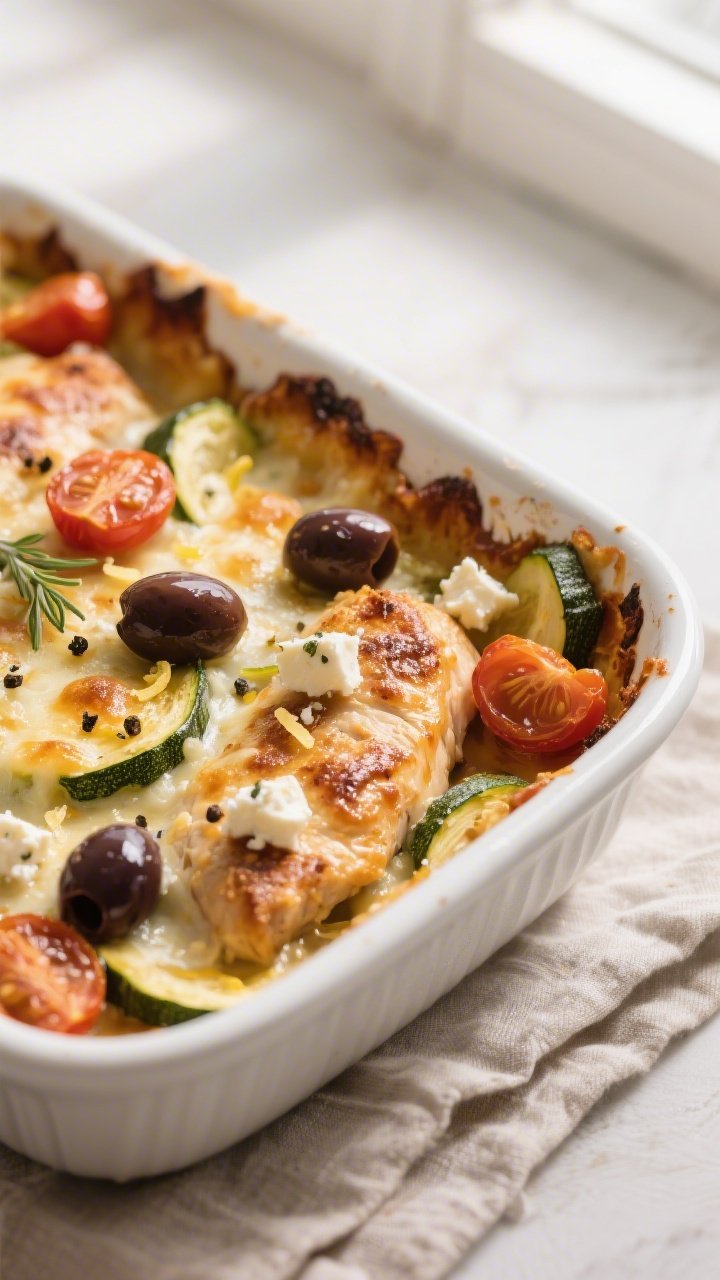 Close-up detail: Golden, bubbly Mediterranean keto chicken zucchini bake just out of the oven, showi
