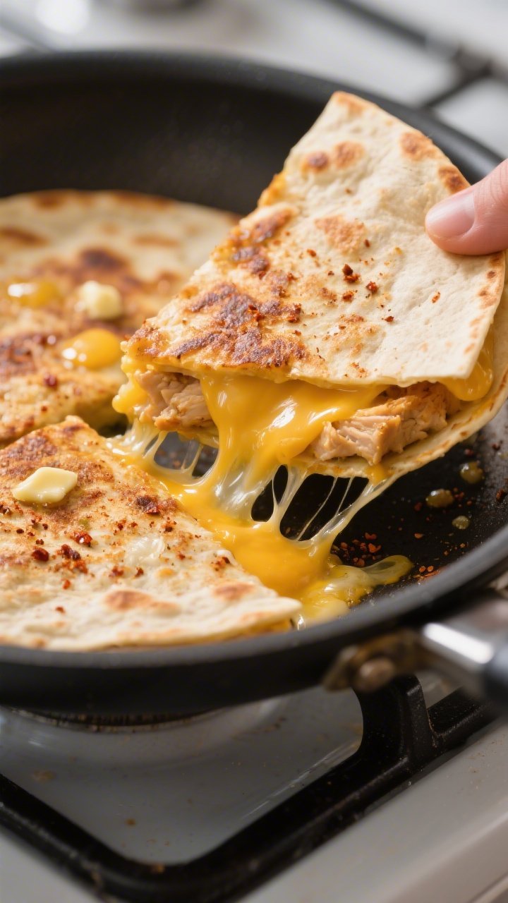 Close-up detail: Golden, crispy keto chicken quesadilla mid-flip in a nonstick skillet, cheese visib