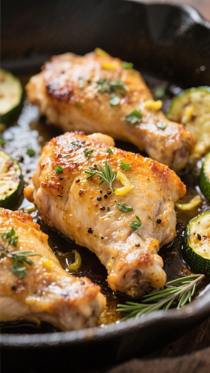 Close-up detail: Golden, crispy-skinned keto chicken thighs just out of the oven, glistening with bu