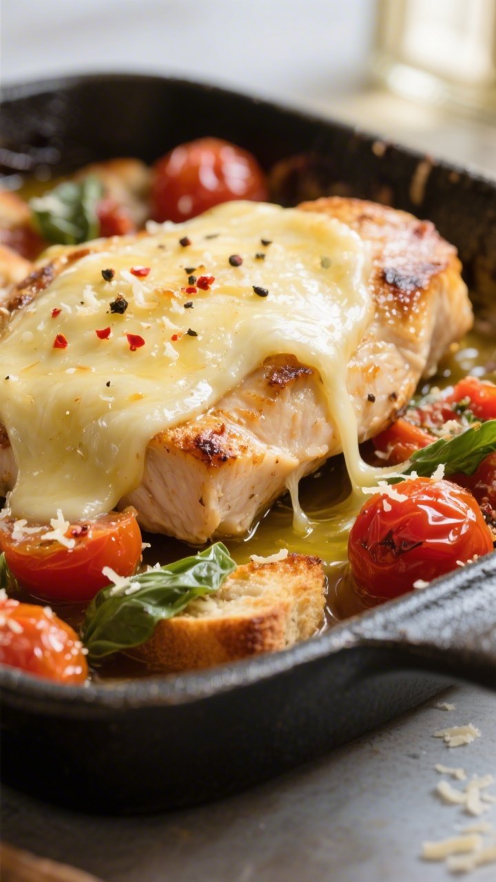 Close-up detail: Golden, melty mozzarella blanket over seared chicken breasts, with blistered cherry