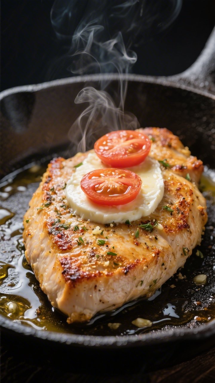 Close-up detail: Golden-seared chicken breast in a cast-iron skillet at medium-high heat, edges deep