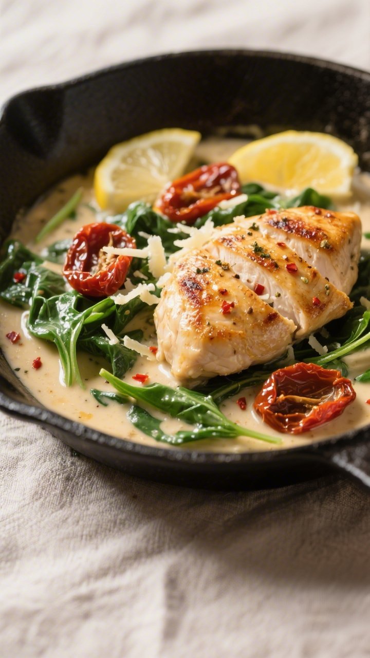 Close-up detail: Golden-seared chicken breasts nestled in a creamy Tuscan sauce, with ribbons of wil