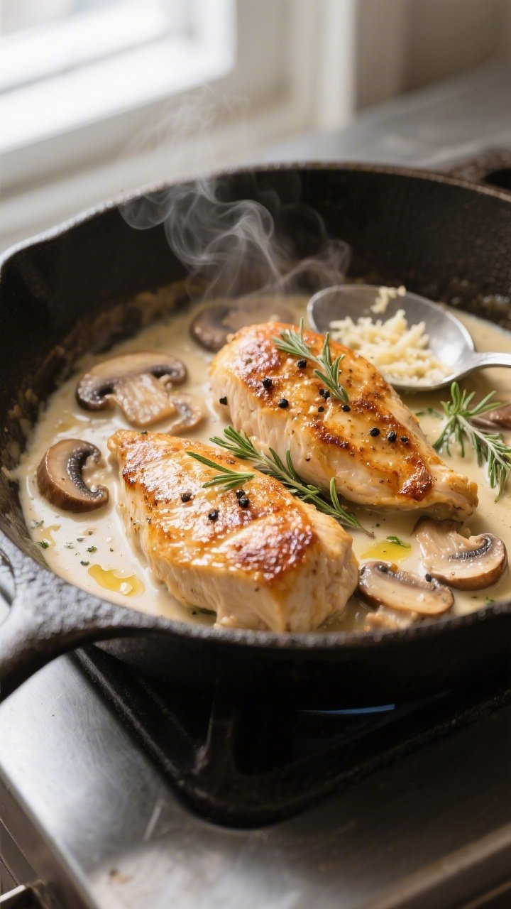Close-up detail: Golden-seared chicken breasts nestled in a silky mushroom cream sauce in a skillet,