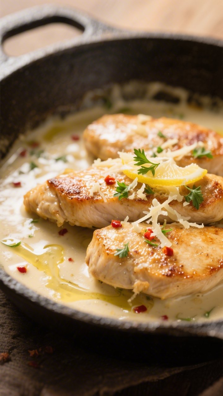 Close-up detail: Golden-seared chicken cutlets nestled in a silky garlic-Parmesan cream sauce, shimm