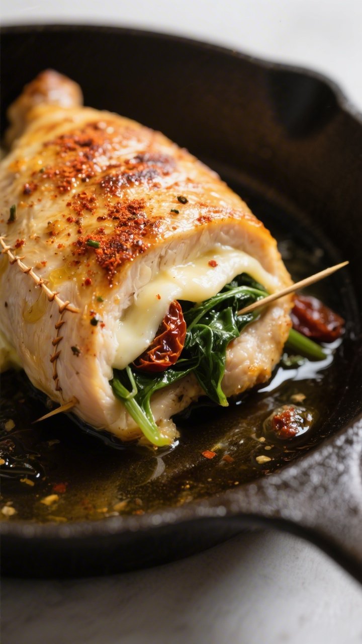 Close-up detail: Golden-seared chicken mozzarella stuffed breast in an oven-safe skillet, surface gl