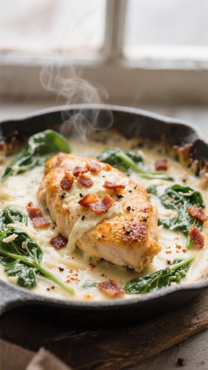 Close-up detail: Golden-seared chicken nestled in a creamy spinach and cheese sauce in an oven-safe 