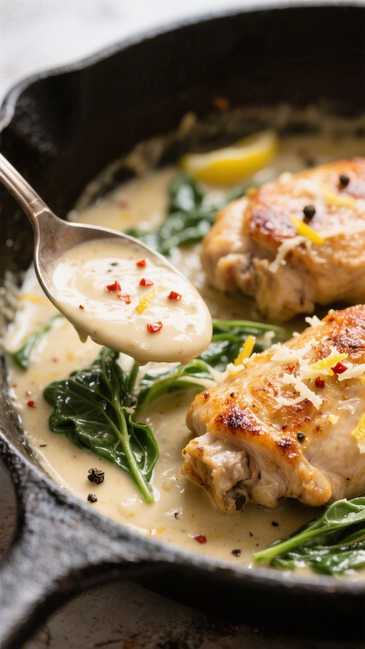 Close-up detail: Golden-seared chicken thighs in a cast-iron skillet mid-simmer, bathed in a silky c