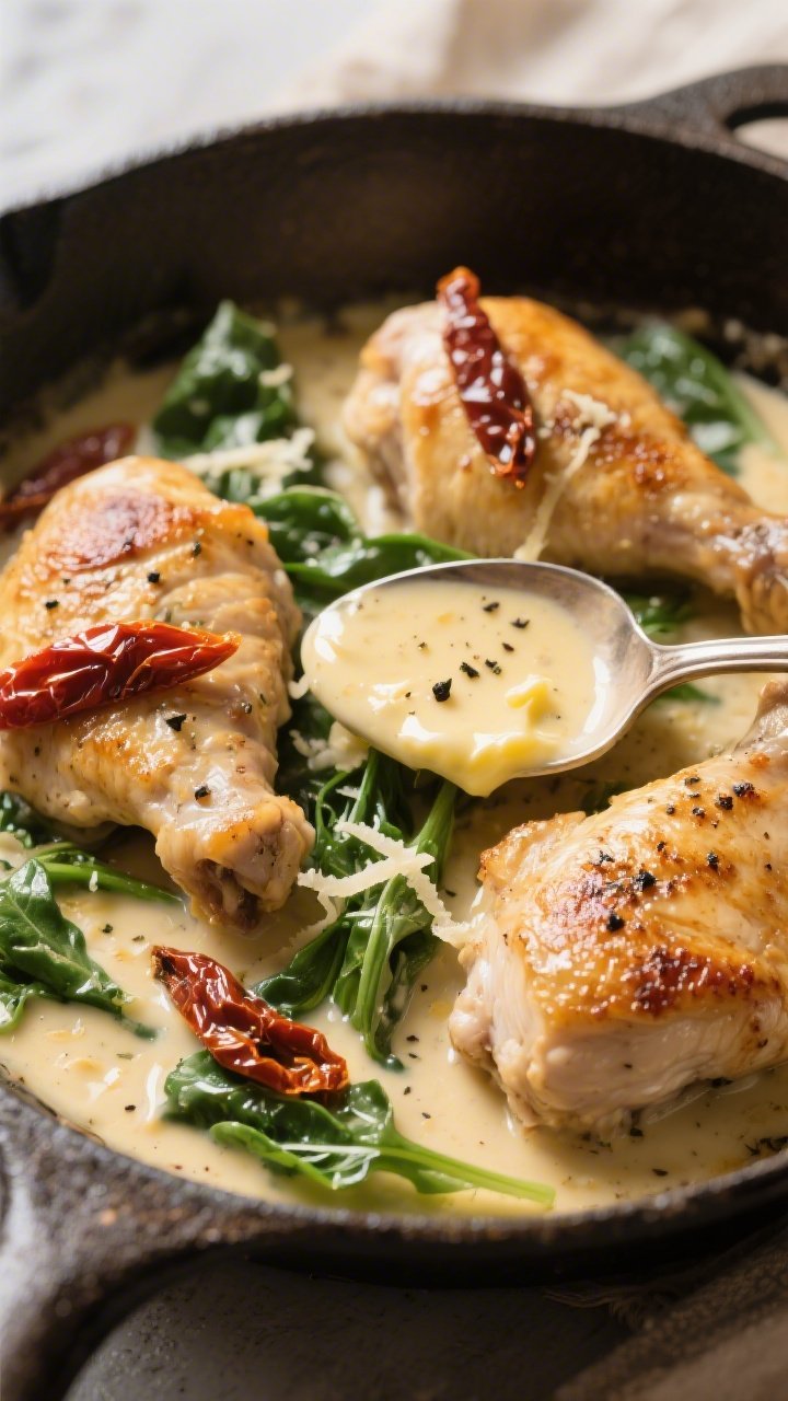 Close-up detail: Golden-seared chicken thighs nestled in a creamy Parmesan sauce with ribbons of sun