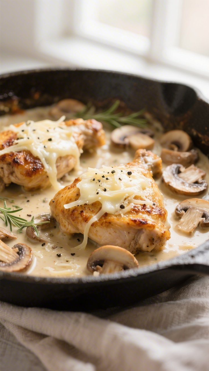 Close-up detail: Golden-seared chicken thighs nestled in a creamy mushroom sauce, bubbling mozzarell