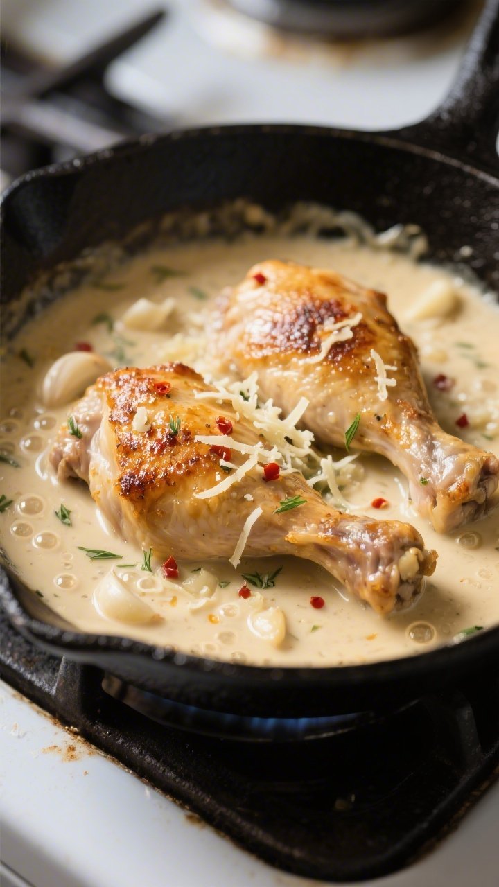 Close-up detail: Golden-seared chicken thighs nestled in a silky garlic Parmesan cream sauce, tiny b