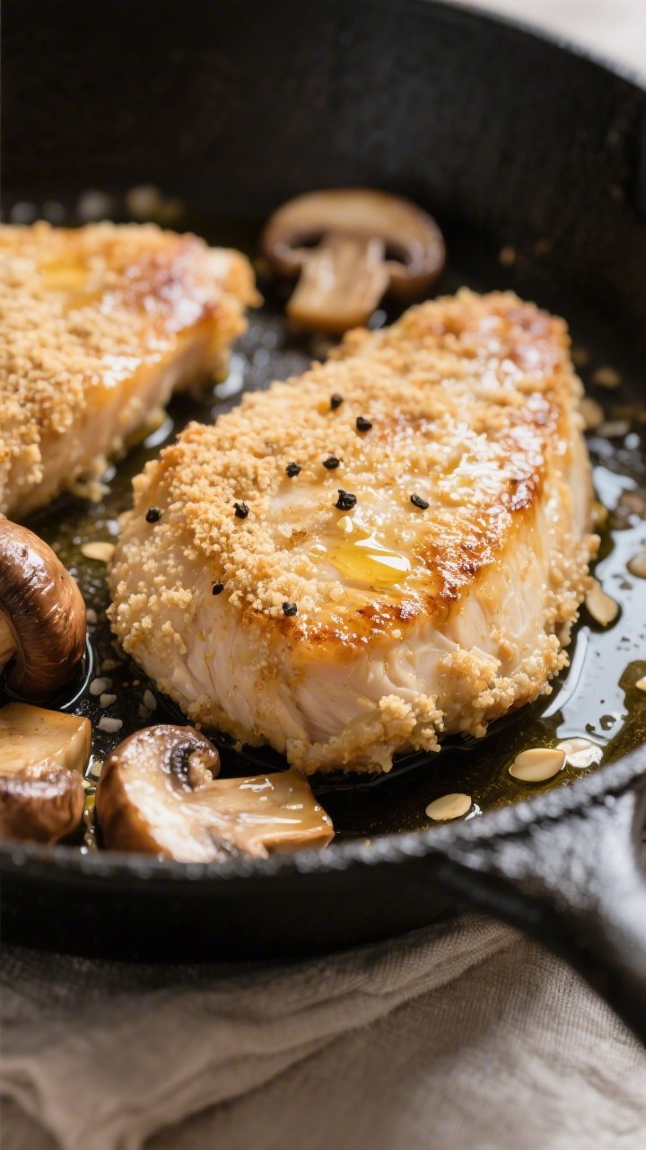 Close-up detail: Golden-seared keto chicken cutlets in a skillet, lightly crusted with almond flour,