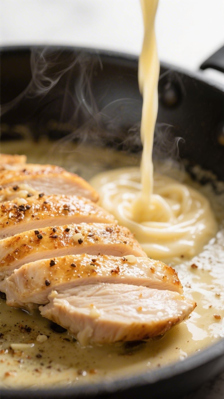 Close-up detail: Golden-seared thin slices of cooked chicken breast glistening in a buttery skillet,