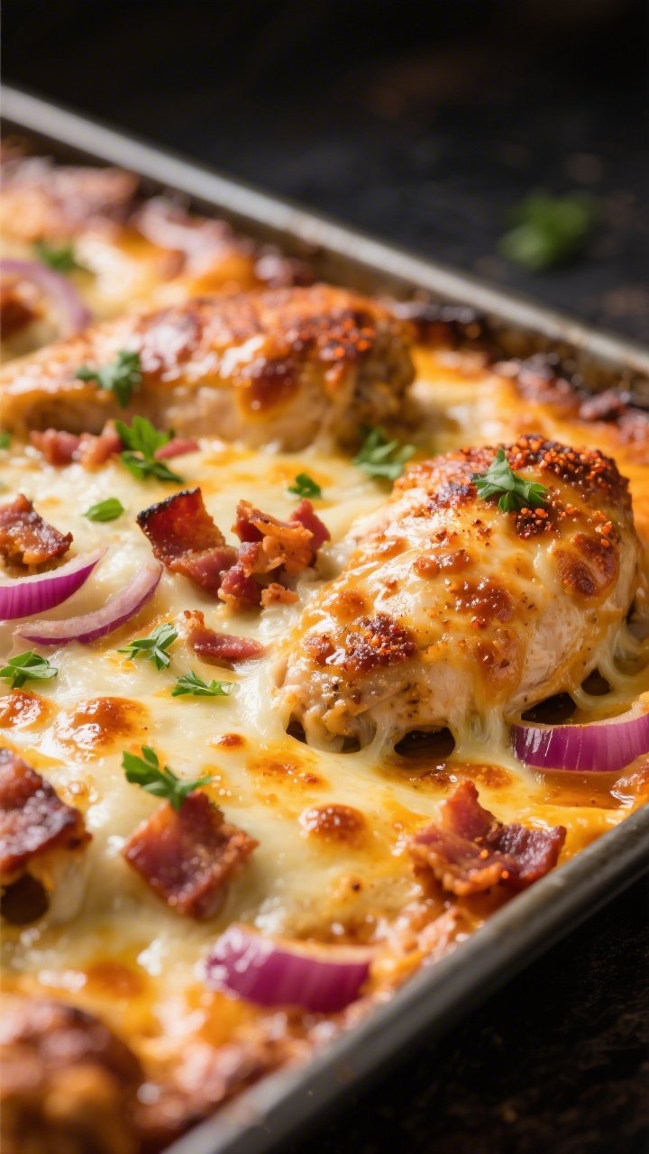 Close-up detail: Gooey, bubbly Keto BBQ Chicken Bake just out of the oven, melted mozzarella/Montere