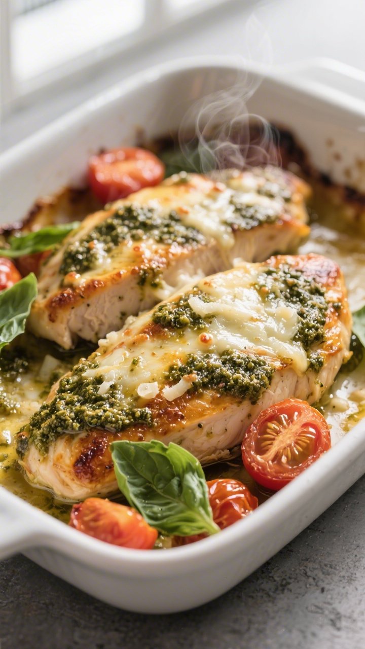 Close-up detail: Juicy baked pesto chicken breast just out of the oven, pesto-glossed surface bubbli