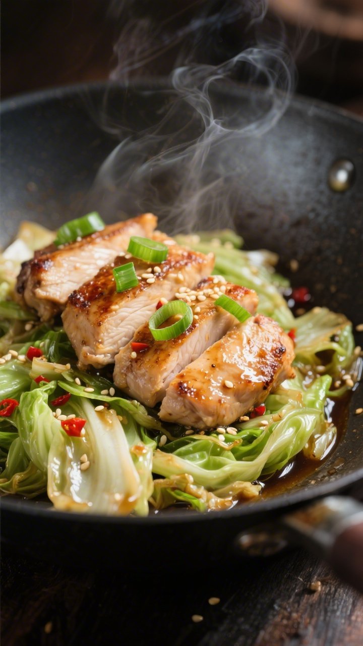 Close-up detail: Juicy seared chicken thigh slices nestled among crisp-tender sautéed green cabbage