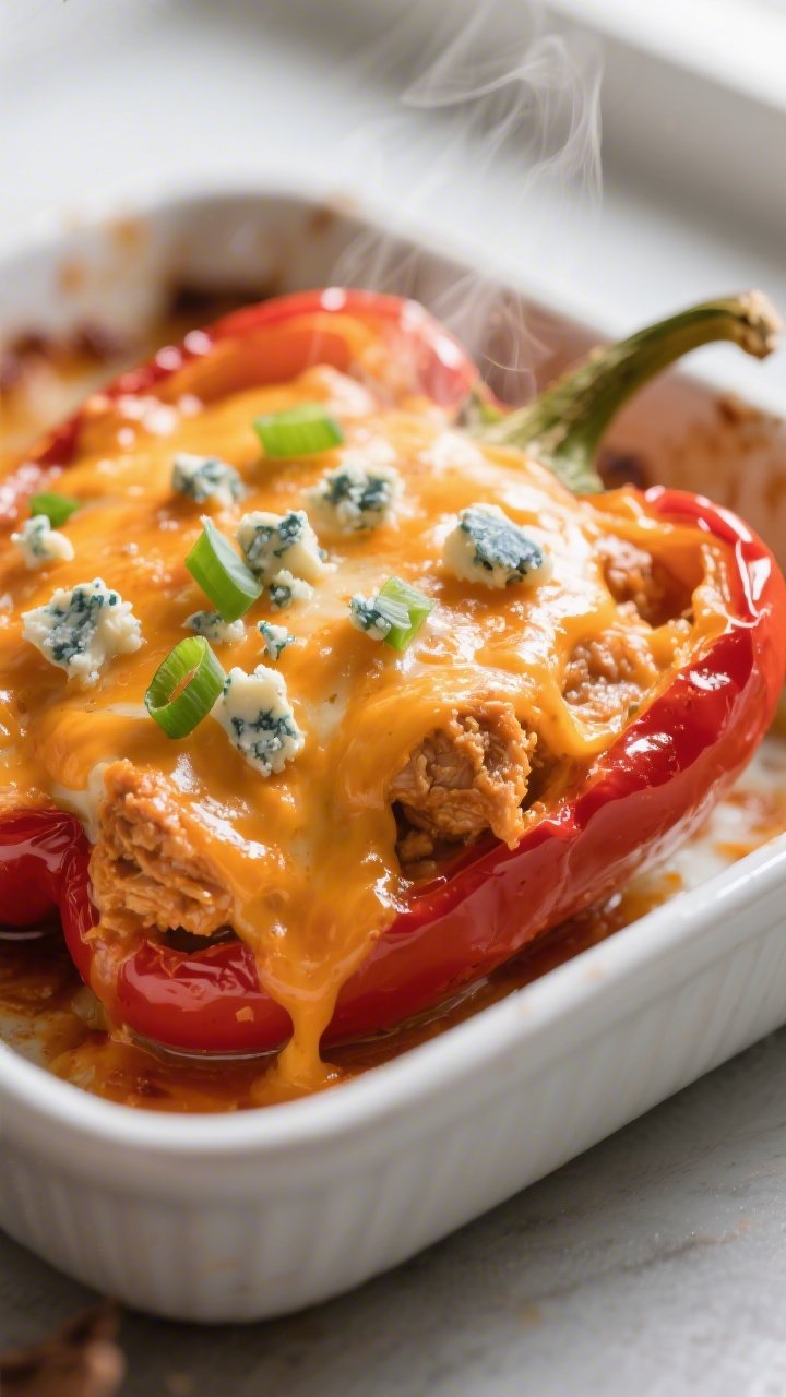 Close-up detail: Melty buffalo chicken stuffed pepper just out of the oven, cheese bubbling and ligh