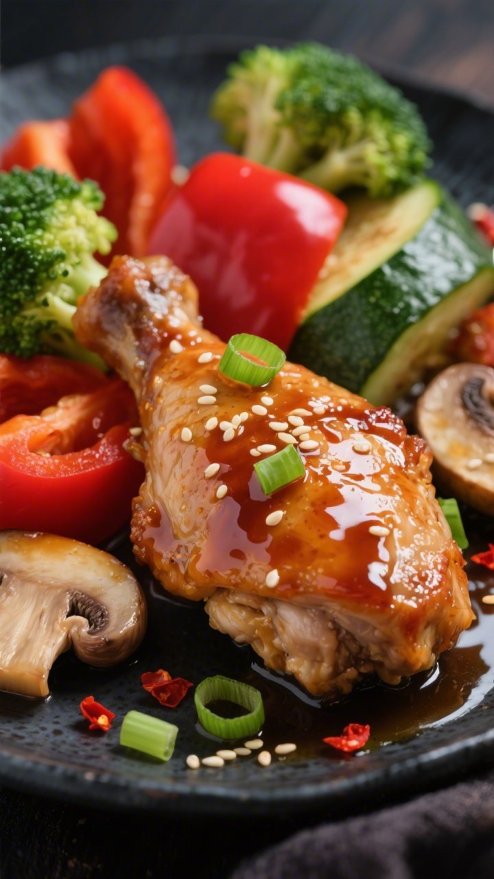 Close-up detail, sauce gloss: Macro close-up of cooked chicken thigh bite coated in a thick, glossy 