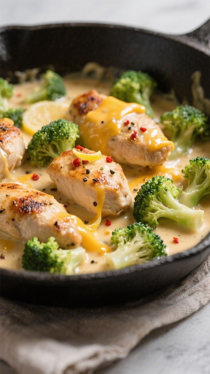 Close-up detail: Sear-kissed chicken pieces nestled in a creamy cheddar-mozzarella sauce with bright