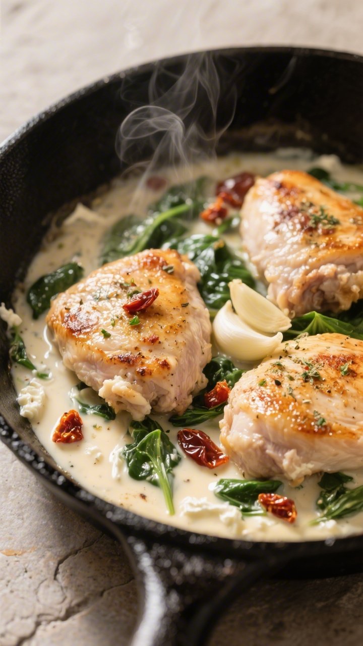 Close-up detail: Searing boneless, skinless chicken thighs in a skillet until lightly browned and go