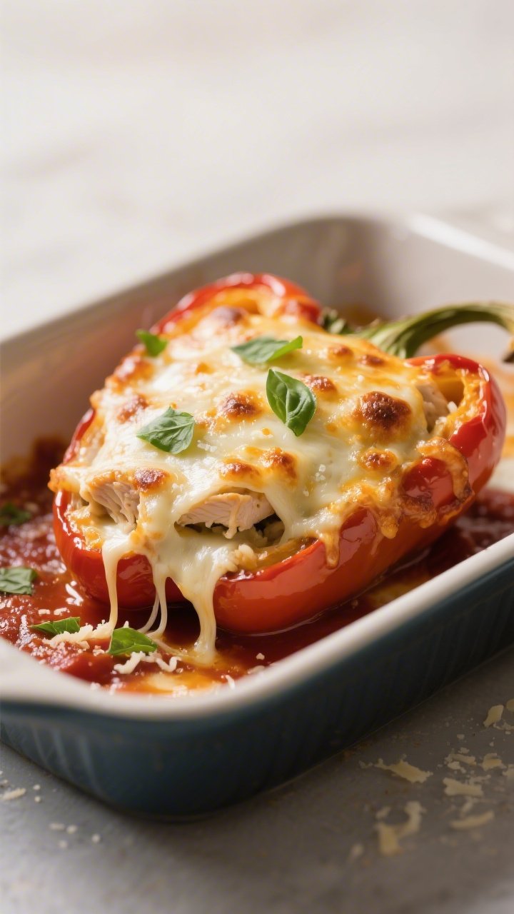 Close-up detail shot: A just-baked Keto Chicken Parmesan Stuffed Pepper half resting in a lightly oi