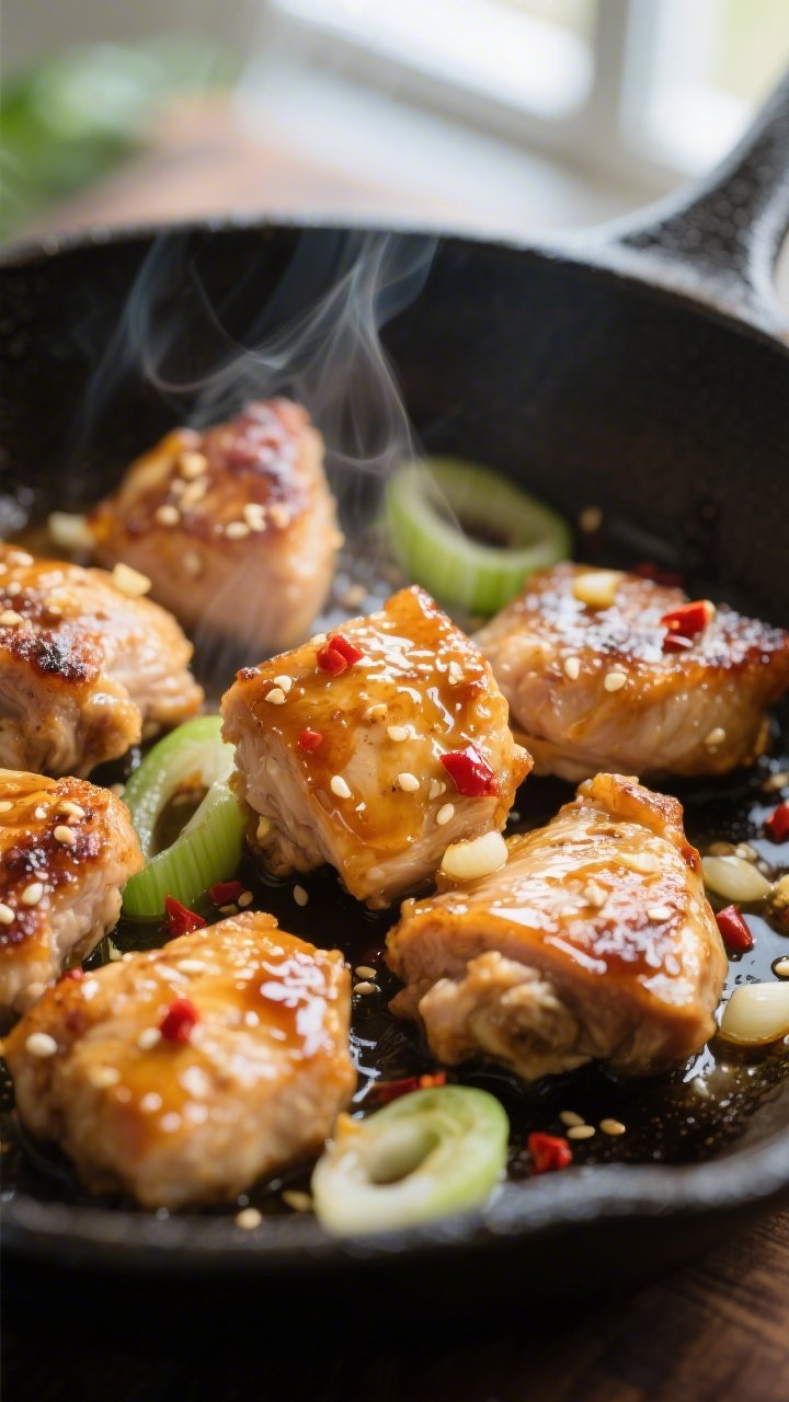 Close-up detail shot: Bite-size pieces of seared chicken thigh coated in a glossy keto honey-garlic 