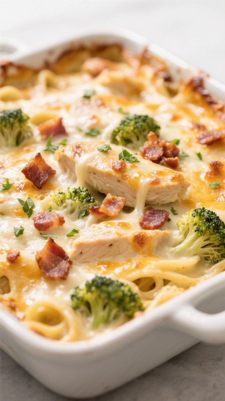 Close-up detail shot: Golden, bubbling Keto Chicken Bacon Alfredo Casserole just out of the oven, sh