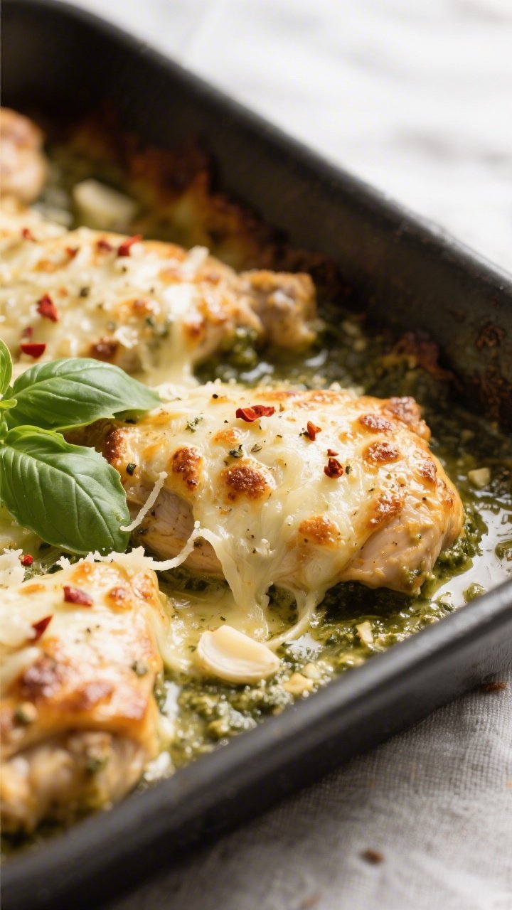 Close-up detail shot: Golden-bubbly Keto Chicken Creamy Pesto Bake just out of the oven, showing bro