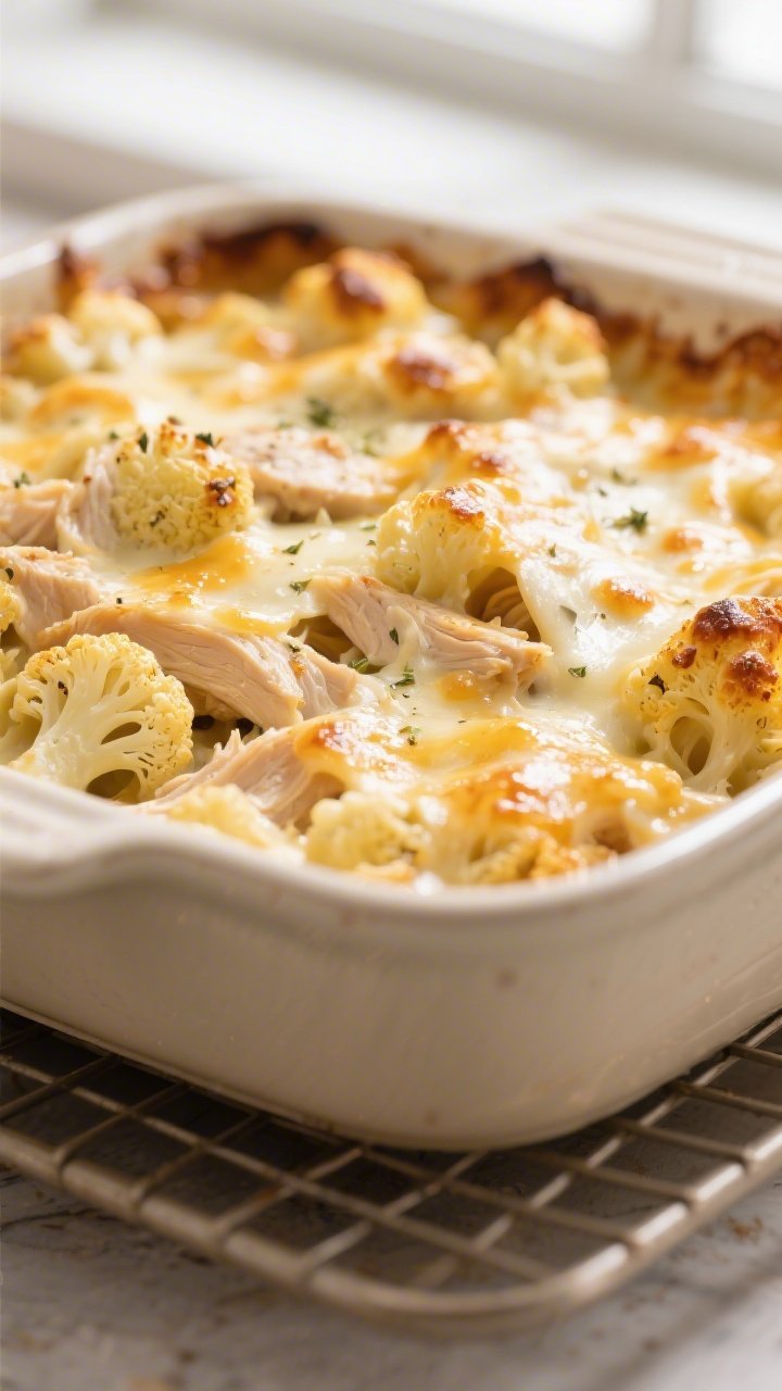 Close-up detail shot: Golden-bubbly Keto Chicken Cauliflower Alfredo Bake just out of the oven, show