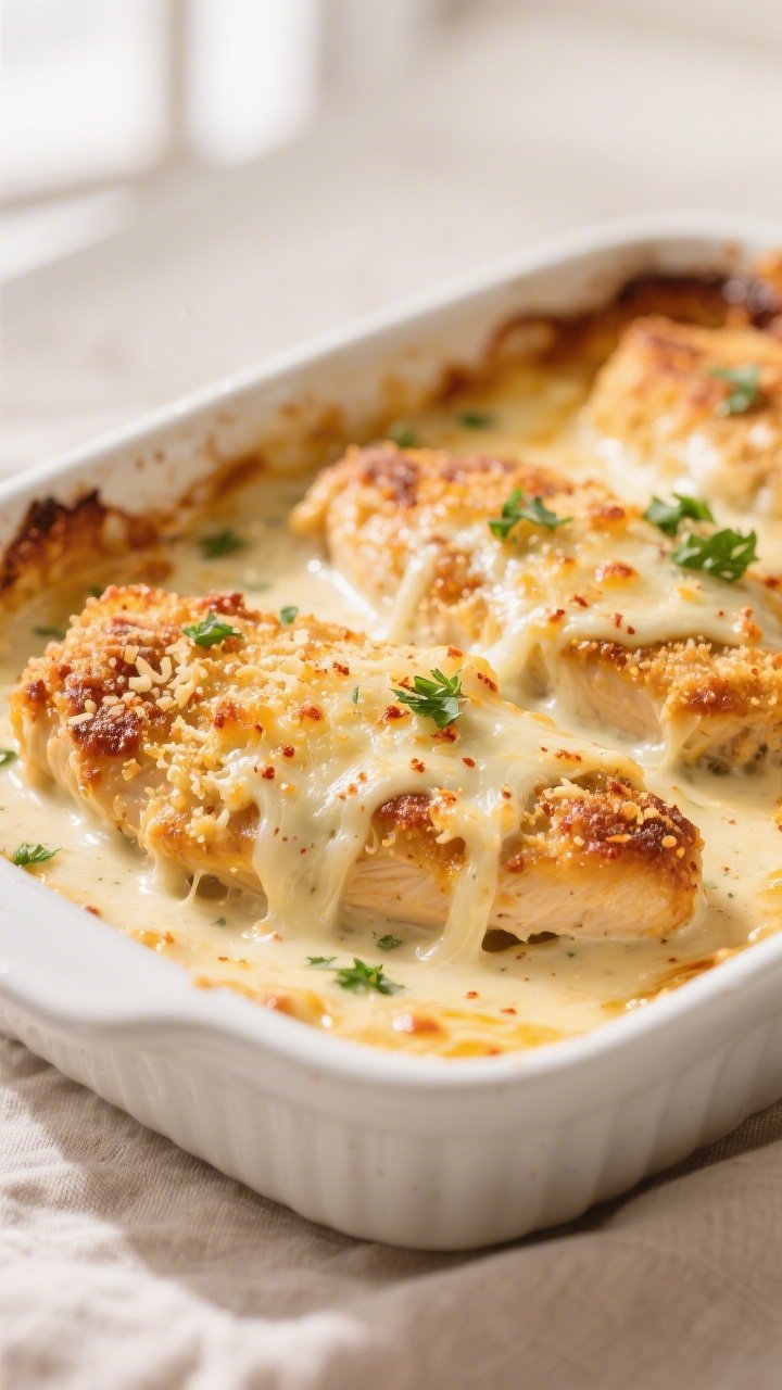 Close-up detail shot: Golden-bubbly Keto Chicken Ranch Parmesan Bake just out of the oven, showing m