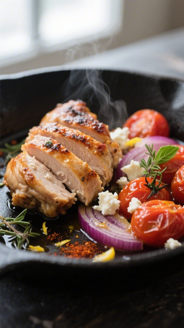 Close-up detail shot: Juicy roasted chicken thigh sliced to show moist interior, nestled beside blis