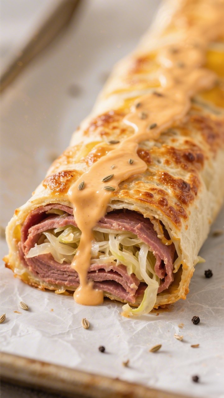 Close-up detail shot: Keto Cristy Reuben Roll-Up just after final bake, seam-side down on parchment,