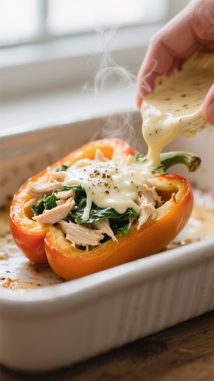 Close-up detail shot of a halved bell pepper just out of the oven and being stuffed with thick, glos