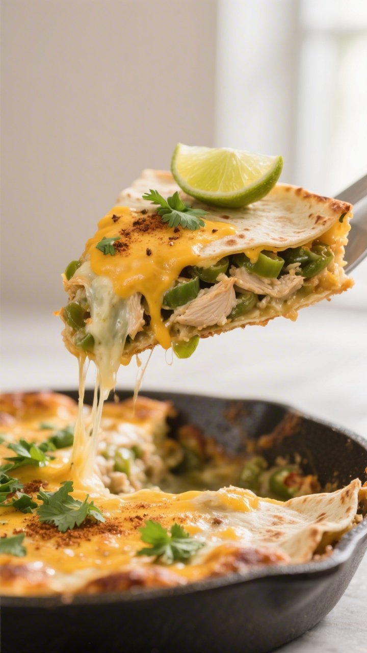 Close-up detail shot of a just-baked Green Chili Chicken Casserole slice being lifted from the pan w
