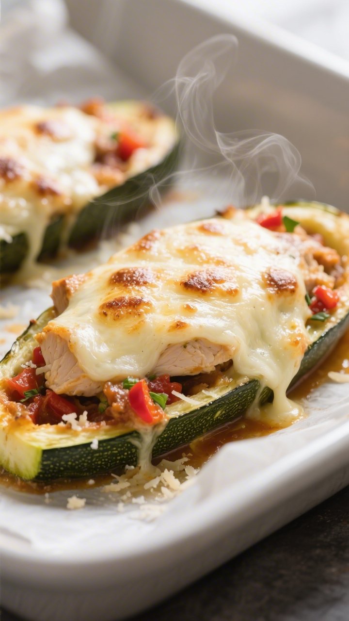 Close-up detail shot of baked keto chicken zucchini boats just out of the oven: melted mozzarella li