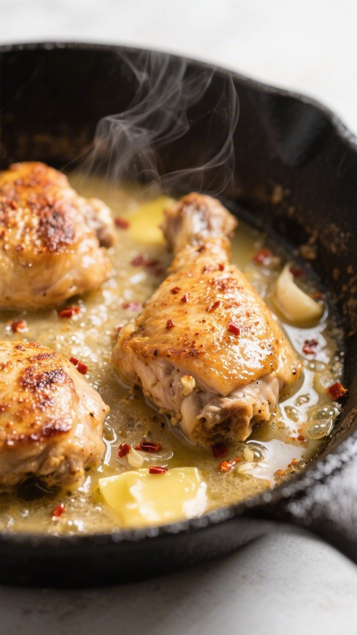Close-up detail shot of golden-brown seared chicken thighs nestling in a bubbling garlic butter sauc