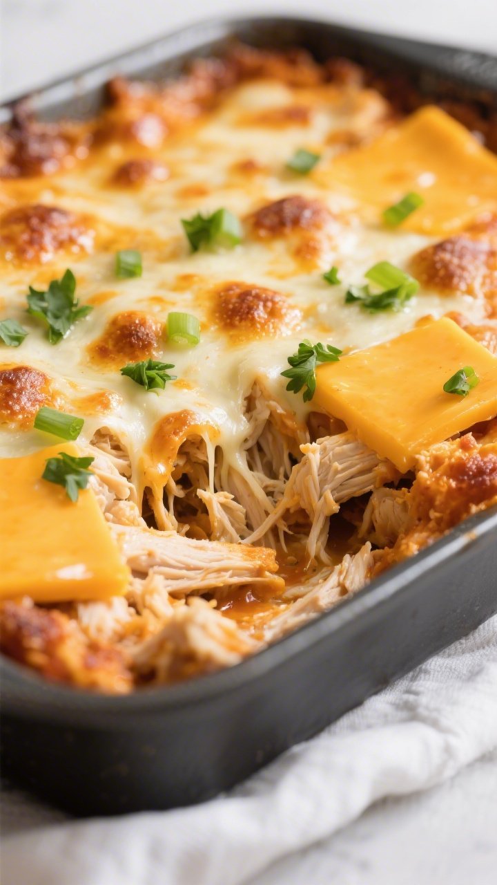 Close-up detail shot of the Keto Chicken Buffalo Ranch Bake just out of the oven: bubbling edges, li