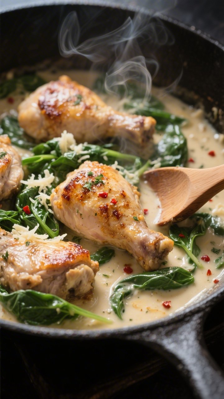 Close-up detail shot: Seared chicken thigh pieces simmering in a creamy garlic parmesan sauce with w