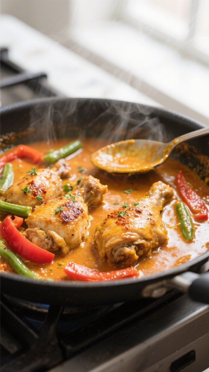 Close-up detail shot: Tender seared chicken thigh pieces simmering in a velvety coconut curry sauce 