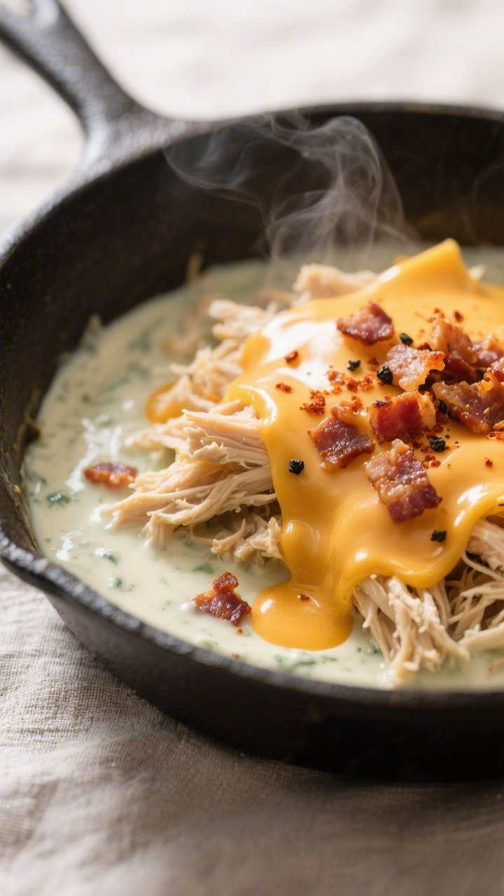 Close-up detail: Shredded crack chicken being folded into a velvety ranch cream sauce in a skillet, 