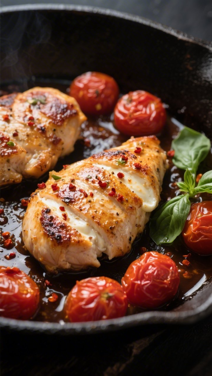 Close-up detail: Sizzling Keto Chicken Caprese in a cast-iron skillet mid-cook, golden seared chicke